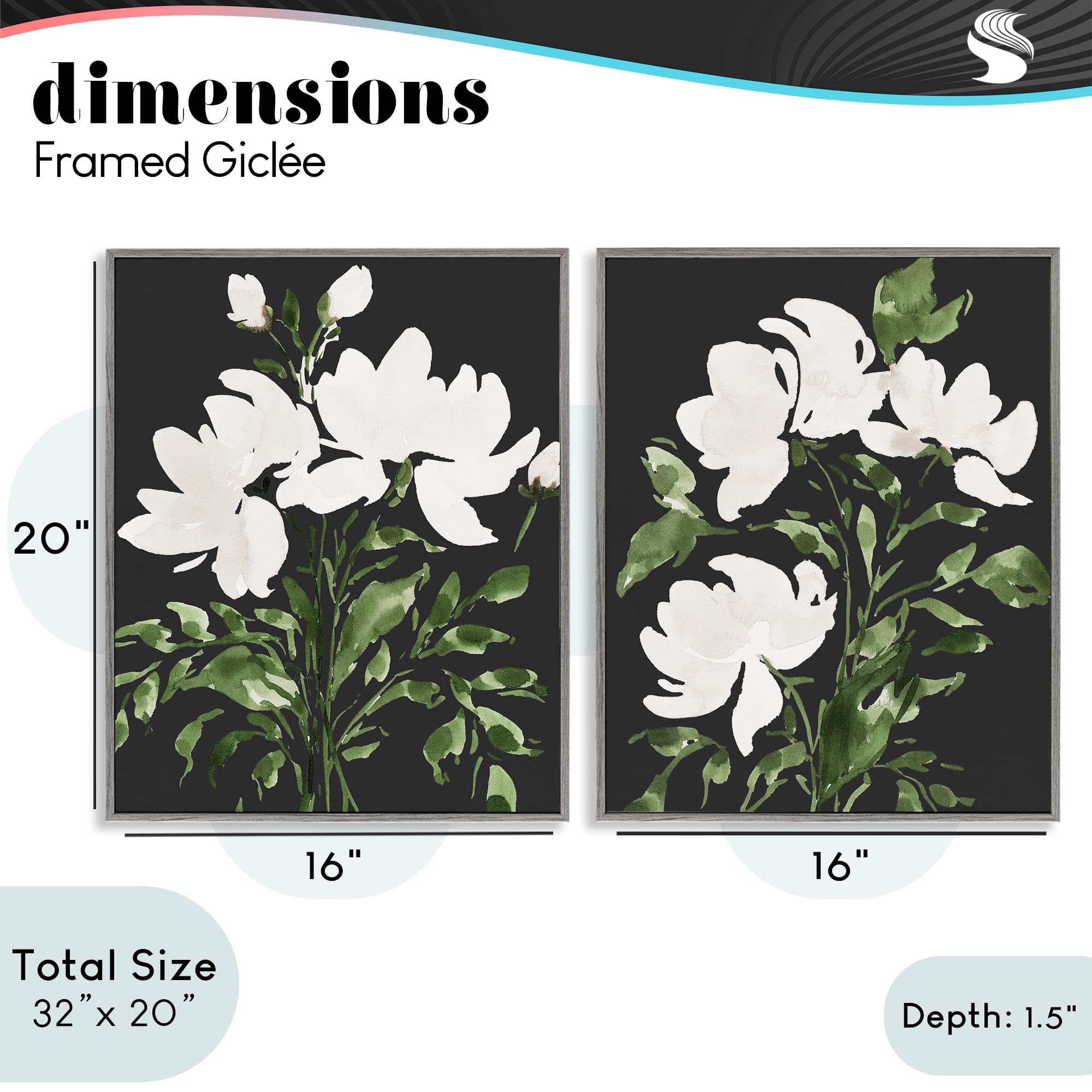 Stupell Industries White On Black Blooms 2 Piece Gray Framed Giclee Art Set, design by Lucille Price