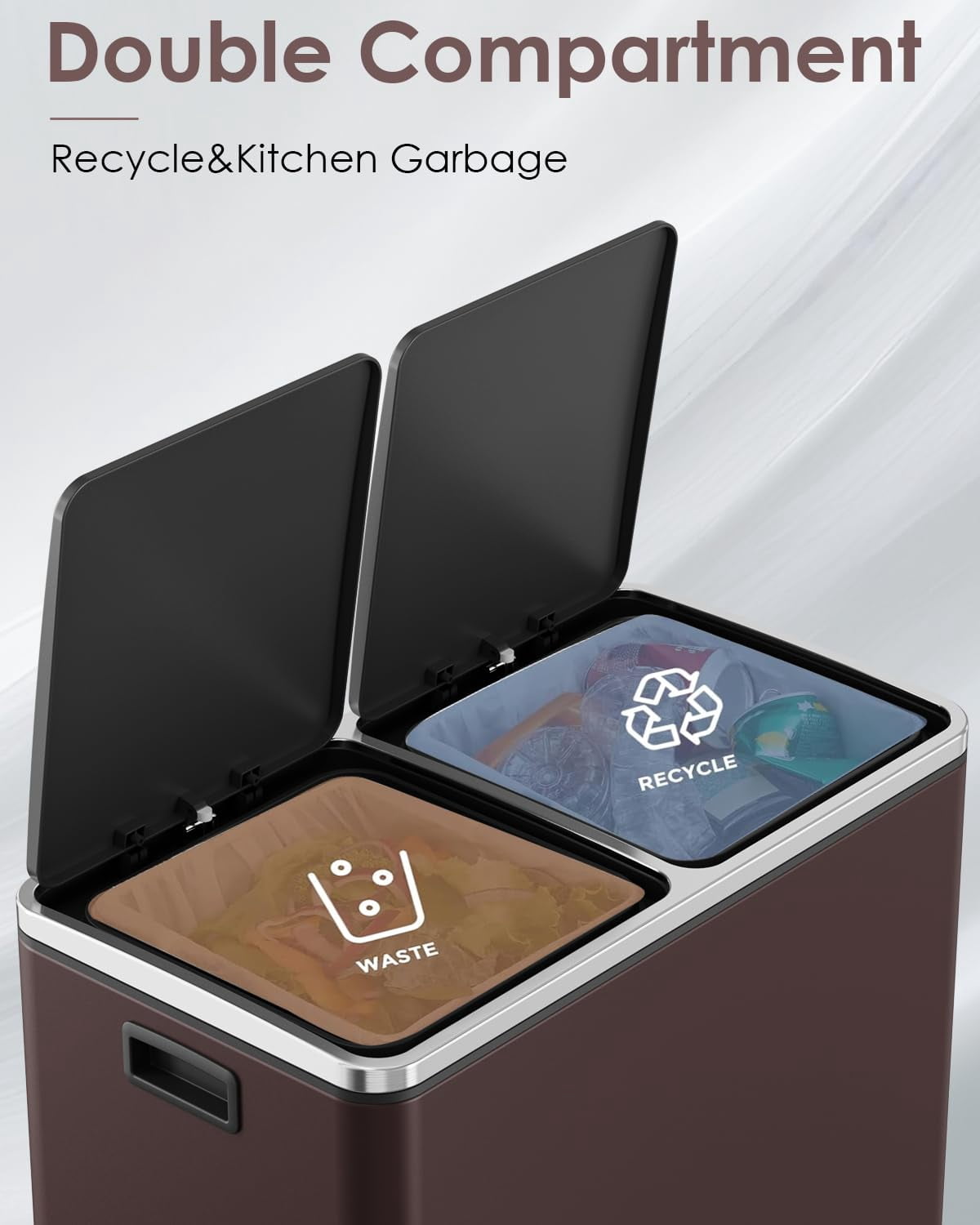 Pirecart 60 Step Trash Can Rectangular Stainless Steel Dual Compartment Garbage Can, Brown
