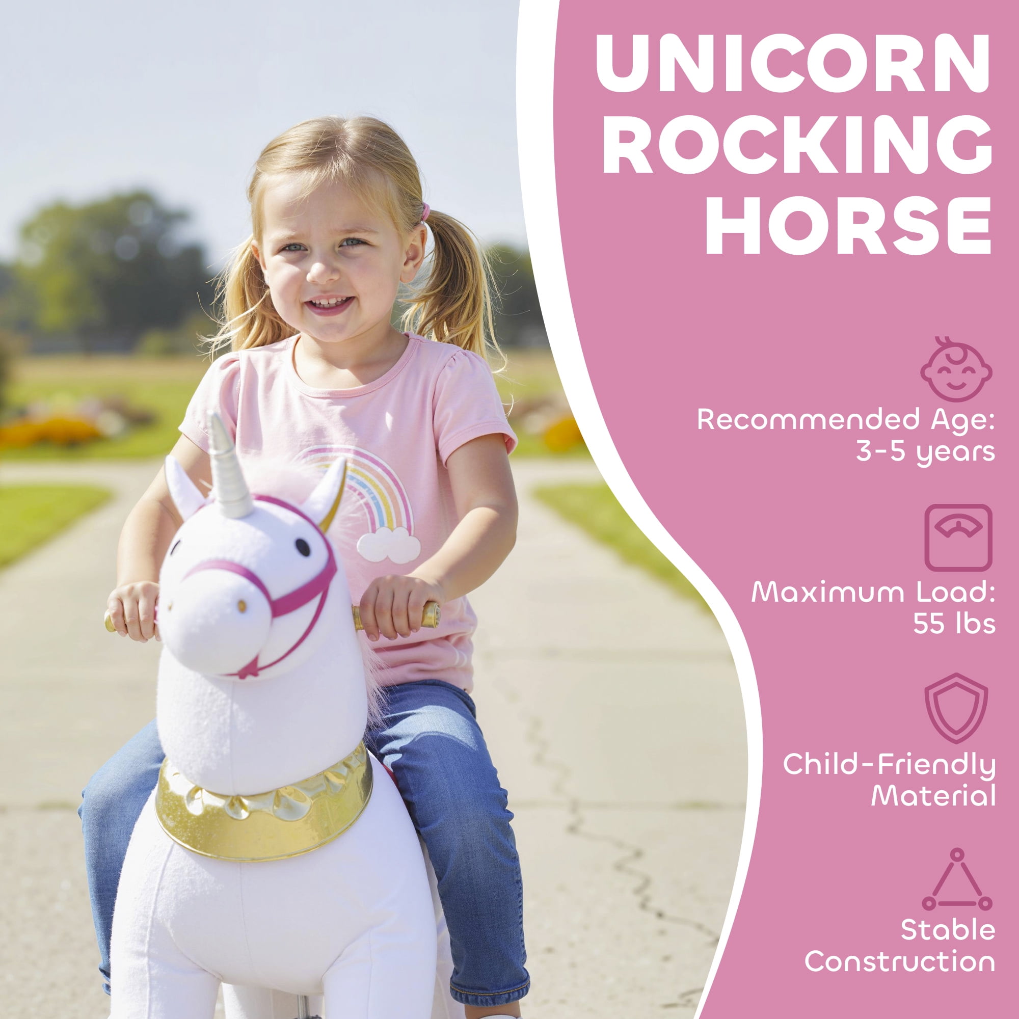 Qaba Ride on Unicorn Toy for Kids 3-5 Years, 29.5 Inch Plush Baby Rocking Horse, Mechanical Walking Animal with Wheels, No Batteries Required, White