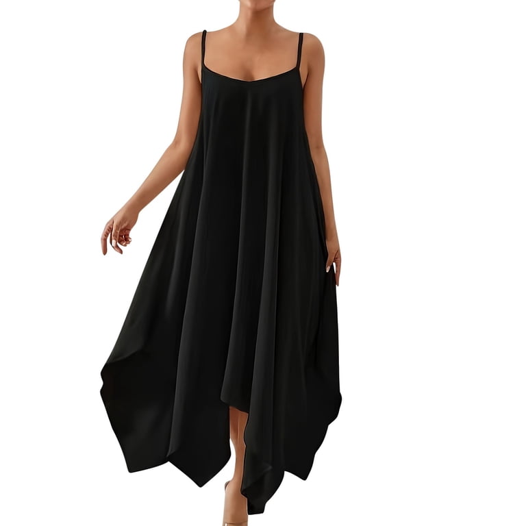 Zpanxa Women's Solid Color Strappy Backless Dress Asymmetrical Hem  Sleeveless Long Beach Dress