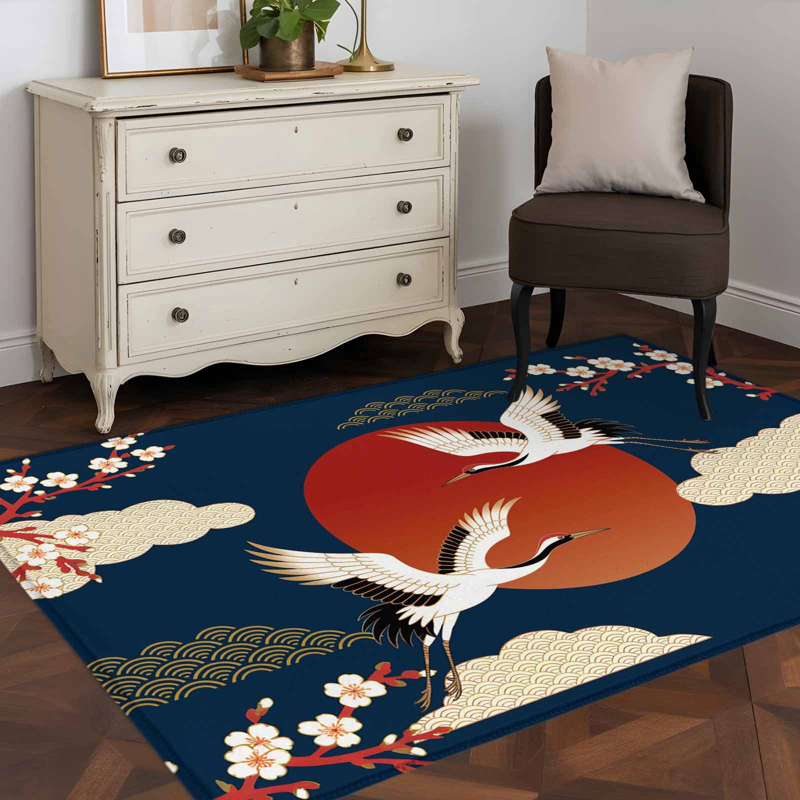 Japanese Style Area Rugs Collection 4'x6', Modern Cranes Cherry Flower Wave Navy Blue Non Slip Indoor Rectangle Throw Runner Rug Floor Mat Carpet for Living Room Dining Table Bedroom Nursery