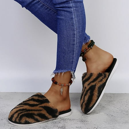 

Women s Fashion Animal Print Round Toe Flats Flock Slippers Slip On Shoes