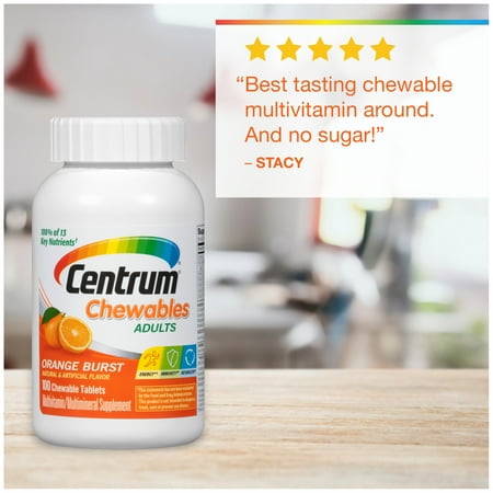 Centrum Chewable Multivitamin for Adults, Multivitamin/Multimineral Supplement With Vitamin C, D3, E and Antioxidants, Orange Burst Flavor - 100 Count