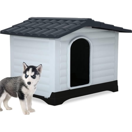 Dkelincs Large Dog House Plastic Water Resistant Pet Houses with Base Support, Black White