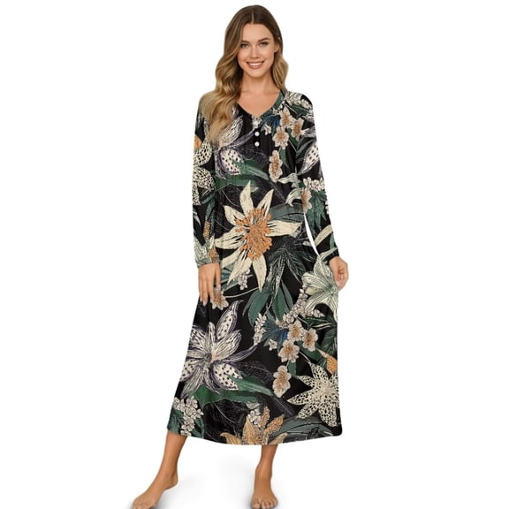 SEANATIVE Women's House Dress Full Length Nightgown Button Down Housecoat Soft Cozy Long Sleeve Lounge Dress Comfort Sleepwear Nightdress, S, Floral Black Green
