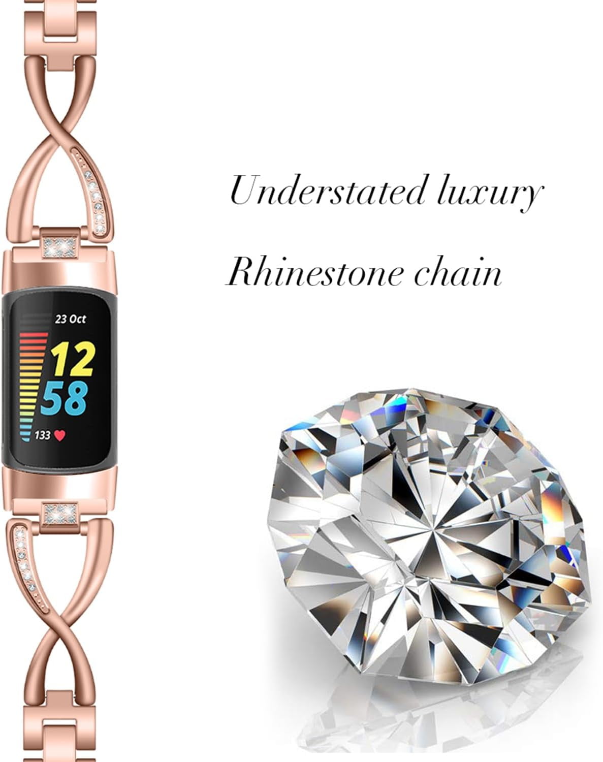 REQO Bling Bands Compatible with Fitbit Charge 6/Charge 5, Shinny Metal Bracelet Straps Luxurious Rhinestone Replacement Wristband for Women