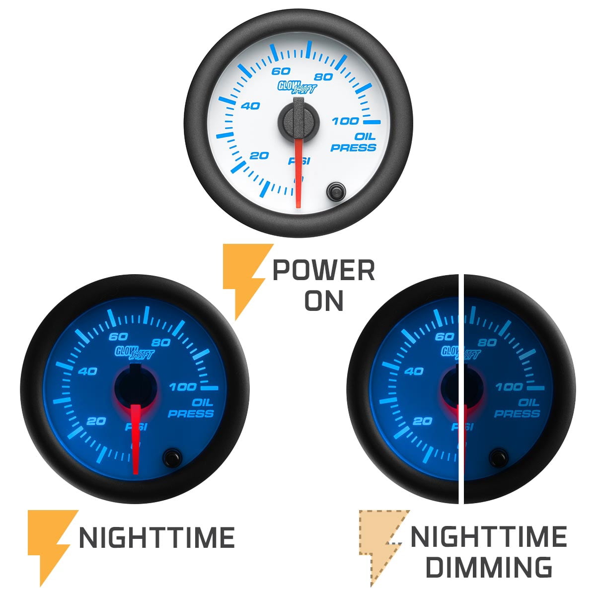GlowShift | White 7 Color Series 100 PSI Oil Pressure Gauge for Cars and Trucks