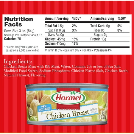 HORMEL Premium Chicken Breast In Water, Shelf-Stable, 13 grams Protein Per Serving, 10 oz Steel Can