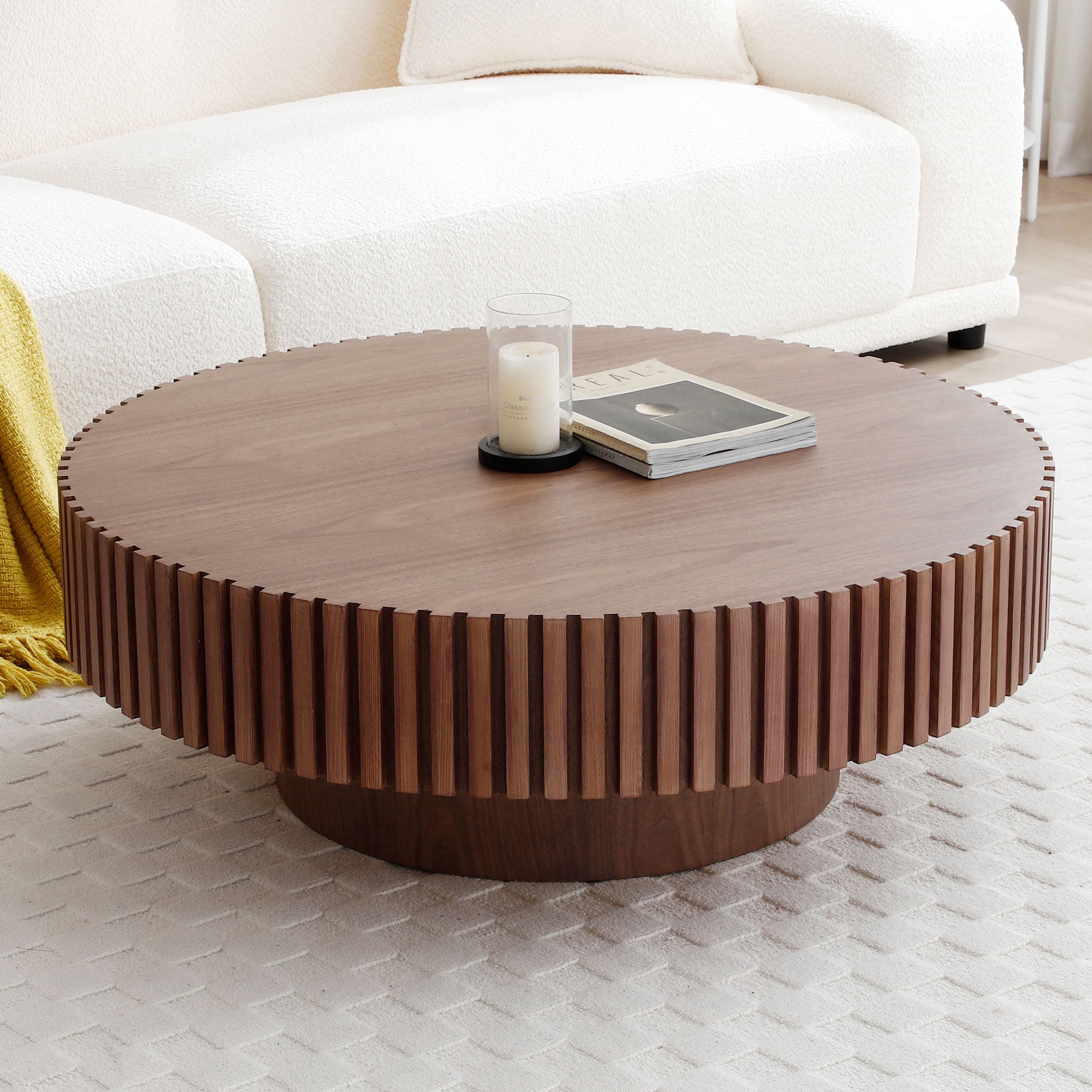 Williamspace Round Coffee Table, 31.49" Modern Handcraft Relief Wood Coffee Table Circle Drum Side Table Accent End Table Center Table for Living Room, Walnut
