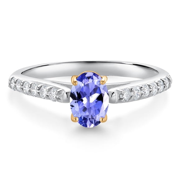 Gem Stone King 10K White and Yellow Gold Blue Tanzanite and White Lab Grown Diamond Engagement Ring for Women (0.93 Cttw, Oval 7X5MM, Gemstone December Birthstone, Size 8)