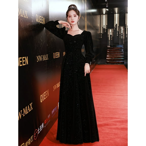 Black Velvet Evening Dress for Women 2025 Spring New Elegant Long Sleeve Socialite Long Host Art Exam Dress