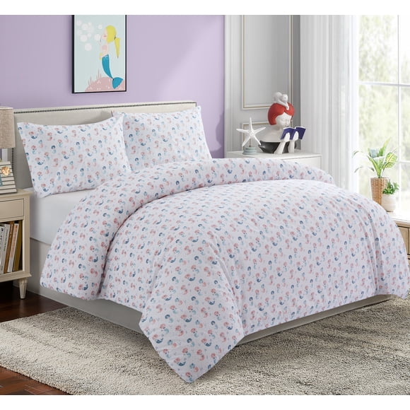 Marina Decoration Kids Girls Toddlers Cute Printed 600 Thread Count Soft Cotton Blend Percale Duvet Cover Fitted Sheet Ensemble Bedding Set, Cartoon Mermaid Pattern