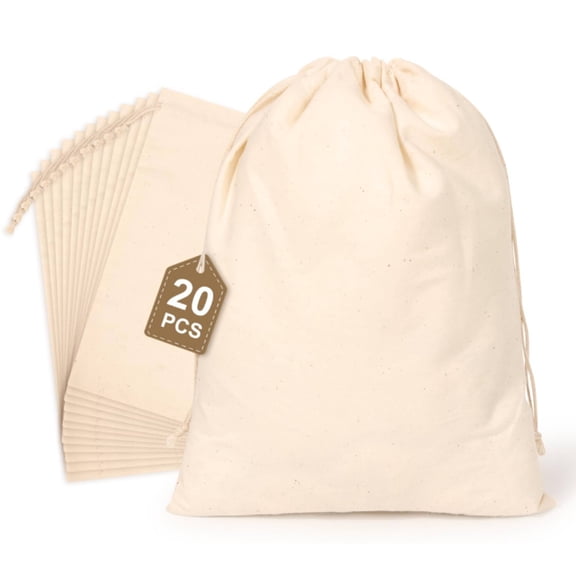 20 Pcs Cotton Produce Bags, 8x10 IReusable Muslin Storage Bags with Drawstrings, Natural Cotton Bags, Washable, Biodegradable Linen Bag, Cloth Bags