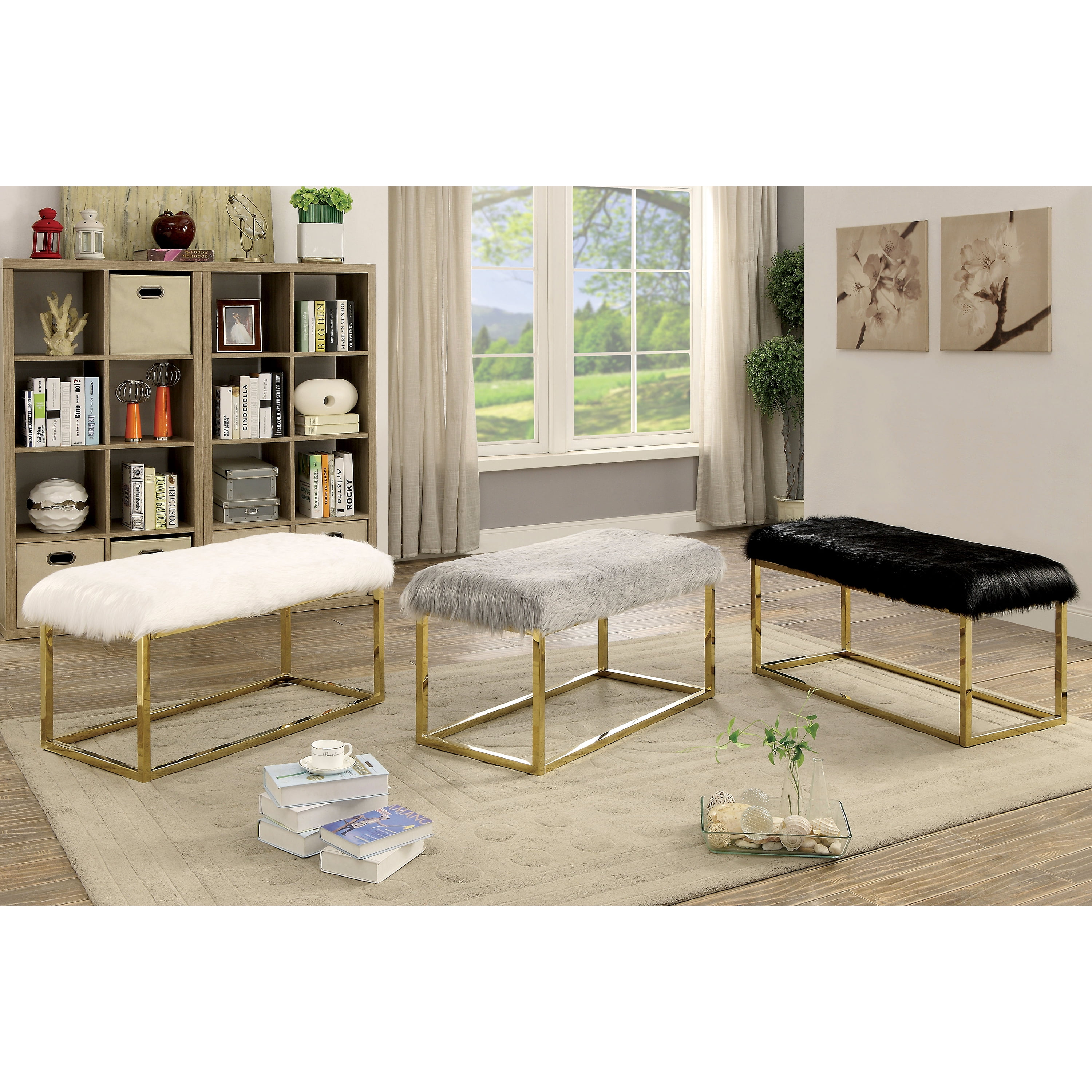 Furniture of America Euna II Faux Fur Contemporary Bedroom Bench, Black and Gold