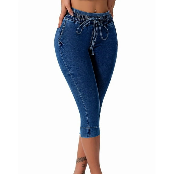 roswear Women's Capri Petite Jeans High Waisted Pull on Stretchy Denim Pants with Drawstring