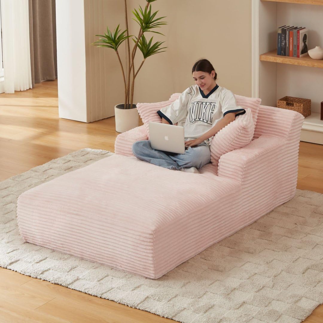 AENKYO 80" Oversized Corduroy Chaise Lounge, Fully Assembled, No Assembly Required, Pink