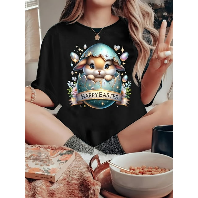 Women'S T-shirt, 'HAPPY-EASTER' Print, Vintage Simple Fashion, Round Neck, Casual And Comfortable, Sporty Short-sleeved T-shirt
