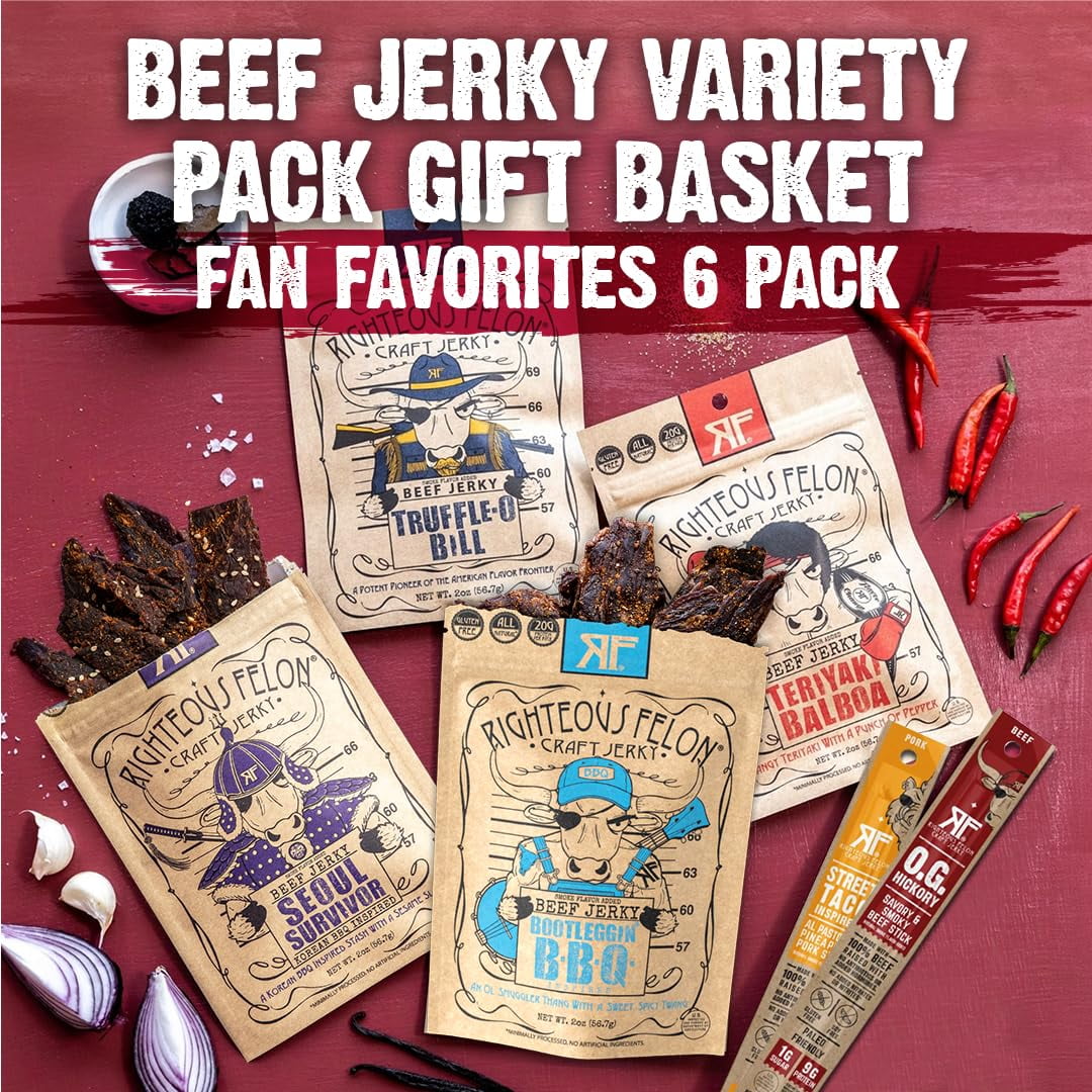Righteous Beef Jerky Variety Pack Gift Basket - Great Gifts for Men - Gluten Free, High Protein Healthy Snack - Beef, Pork