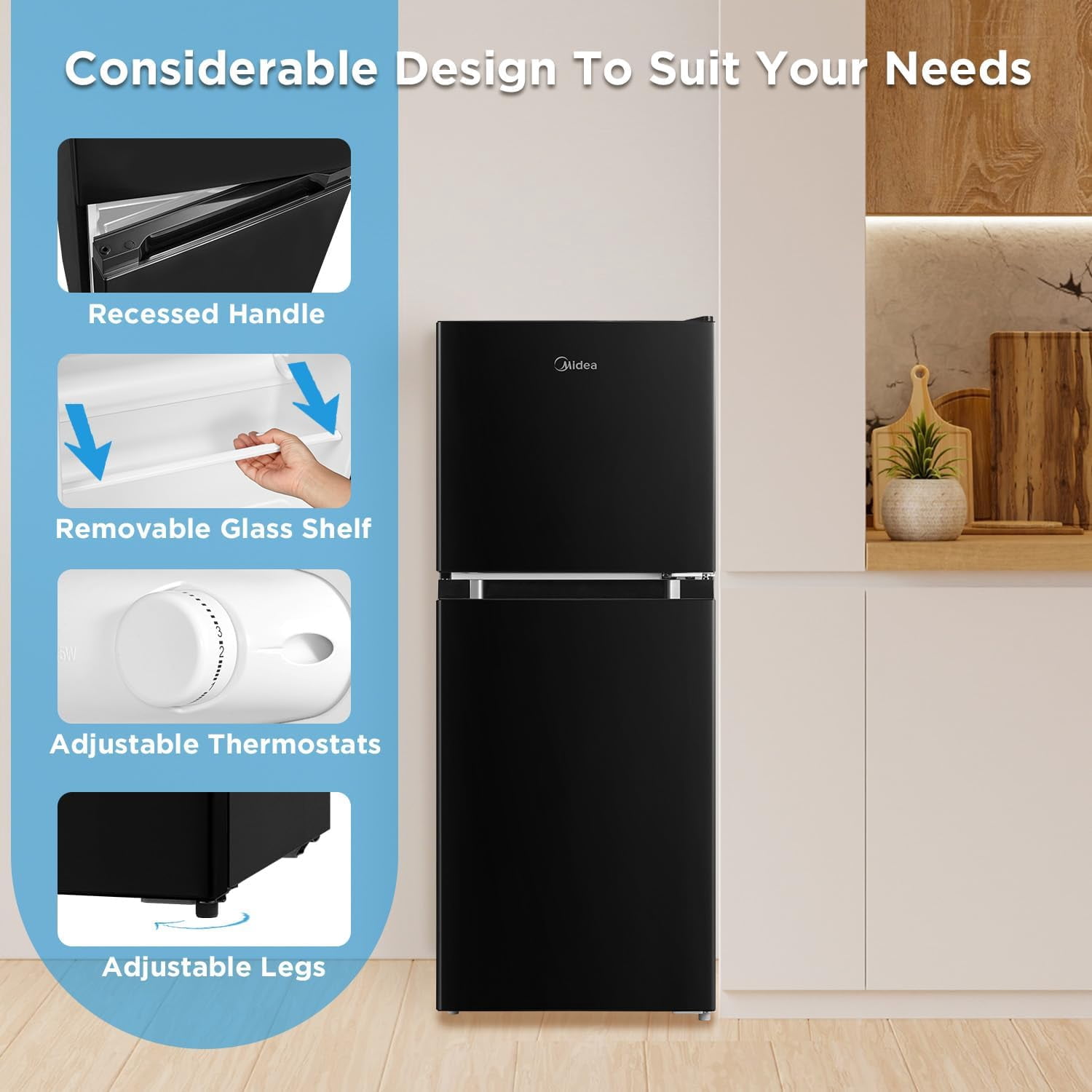 Midea 4.5 Cu Ft Compact Refrigerator and Freezer, 2 Door, Black