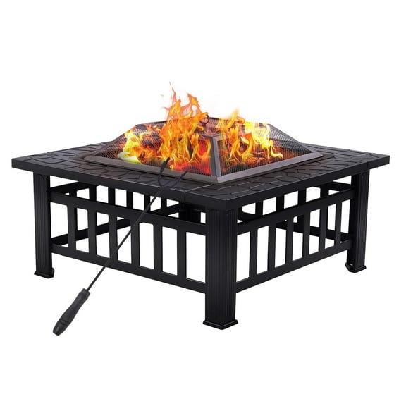 ACCVER 32" Square Wood Burning Fire Pit Outdoor - Heavy Duty Steel Firepit with Fire Poker & Cover - Rust-Proof for Backyard, Garden, Camping, Patio