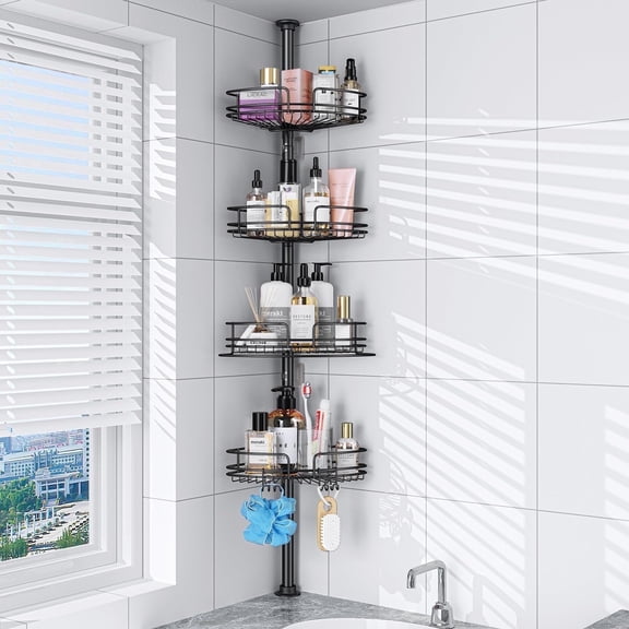 Lolsea 4-Tier Rustproof Tension Shower Caddy, for Bathtub Shampoo Storage Bathroom Organizer, Adjustable Shower Shelves from 23 to 125 inches, with 4 Upgrade Large Capacity Adjustable Baskets