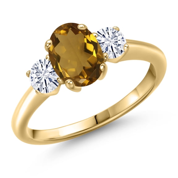 Gem Stone King 10K Yellow Gold Whiskey Quartz and White Moissanite Engagement Ring for Women | 1.46 Cttw | Oval 8X6MM | Gemstone Birthstone | Size 6