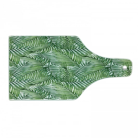 Leaf Cutting Board, Watercolor Print Botanical Wild Palm Trees Leaves Ombre Design Image Exotic Jungle, Tempered Glass Cutting and Serving Board, Wine Bottle Shape, Green White, by Ambesonne