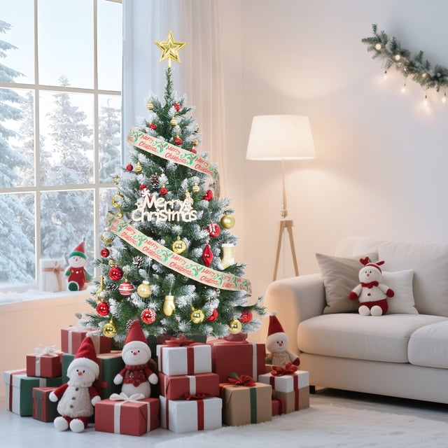 4.5/6/8.5/9 FT Artificial Christmas Tree with Multi Realistic Branch Tips, Pre-Lit with LED Lights, Easy Assembly Metal Stand for Home, Office & Party Decorations