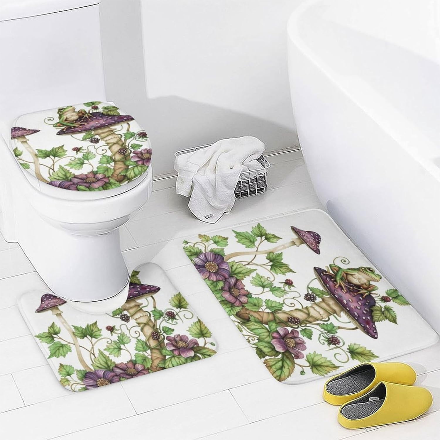 4Pcs Garden Mushroom Frog Shower Curtain Sets Bathroom Decor, Novelty Plant Floral Shower Curtain with Non Slip Rug, Toilet Lid Cover, Bath Mat and 12 Hooks 72W x 72L