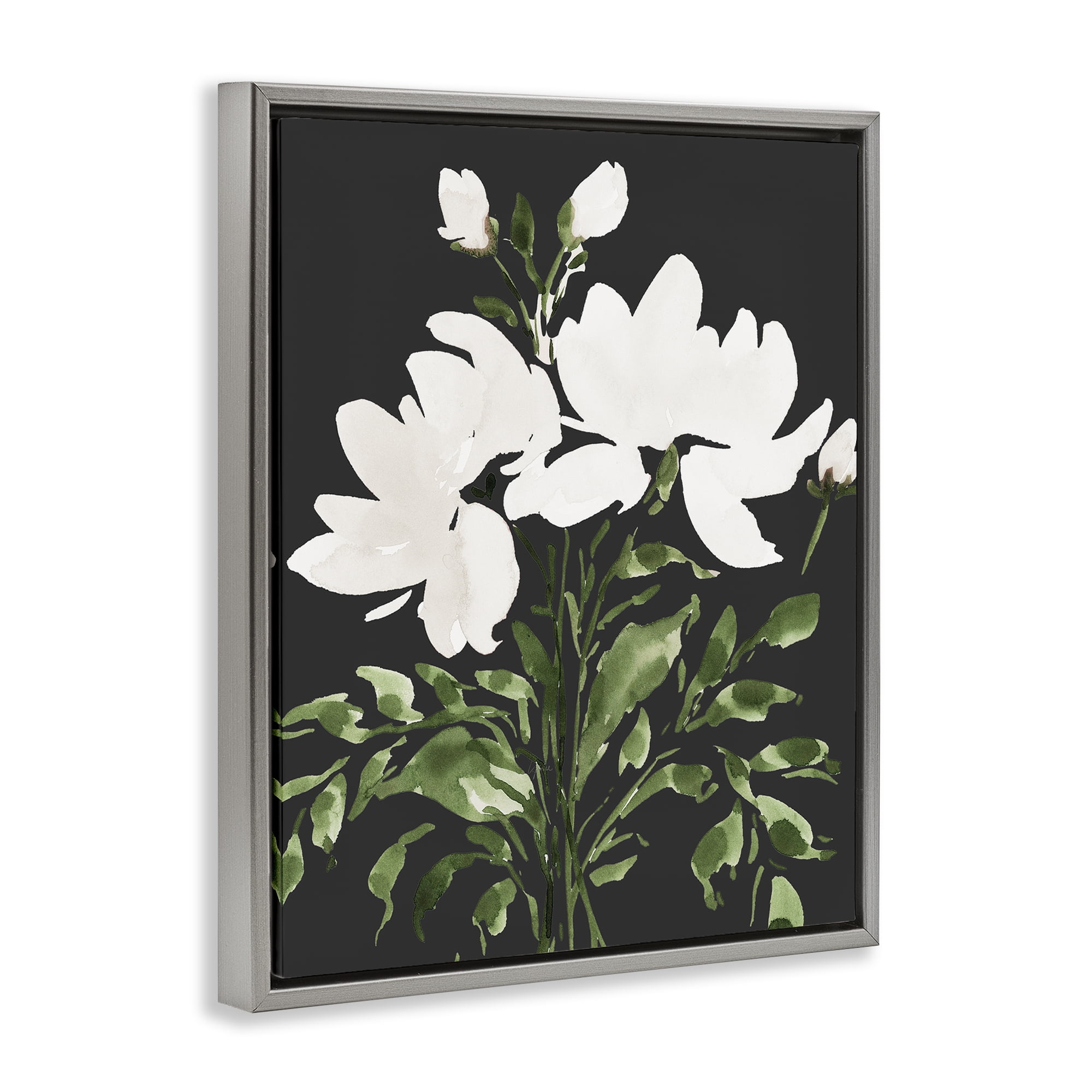 Stupell Industries White On Black Floral Gray Framed Floater Canvas Wall Art, design by Lucille Price