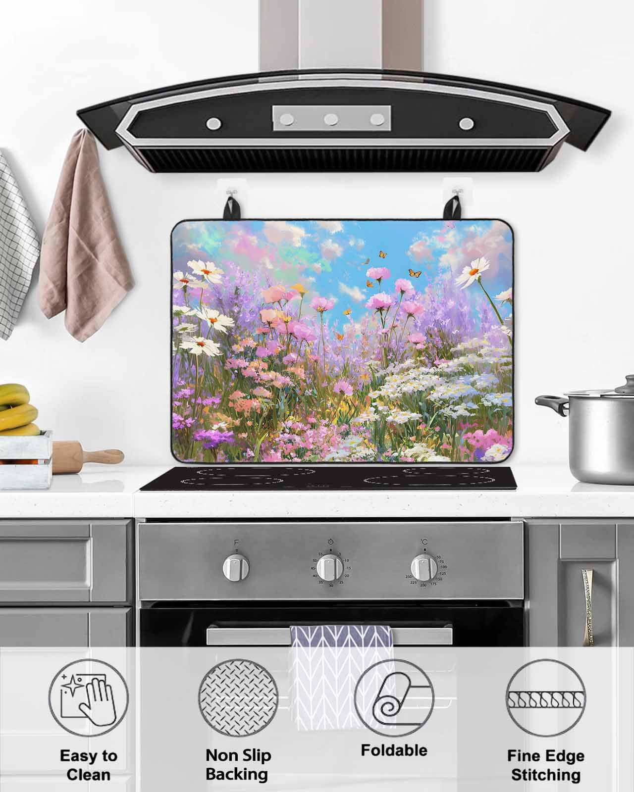 Large Induction Cooktop Protector Mat Wildflowers Stove Top Covers for Electric Stove, Spring Country Oil Painting Floral Plant Decorative Stove Burner Cover Mats, Glass Top Stove Cover