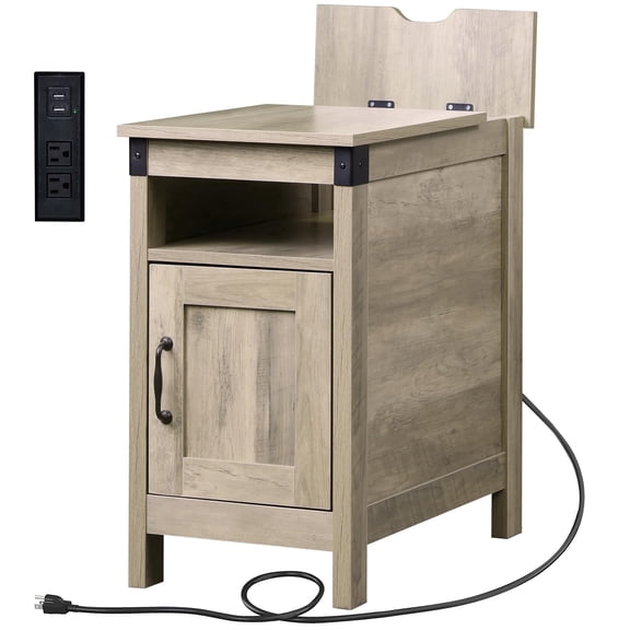 GALAXHERO Side Table with Charging Station Narrow End Table with Storage Night Stand with USB Ports and Outlets Small Wooden Cabinet for Living Room and Bedroom Greige