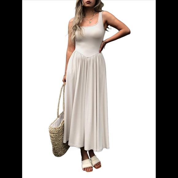 Vestido de Verano para Mujer, Sin Mangas, Cuello Cuadrado, Informal, para Playa, con Bolsillos, Tejido de Patchwork Fluido M