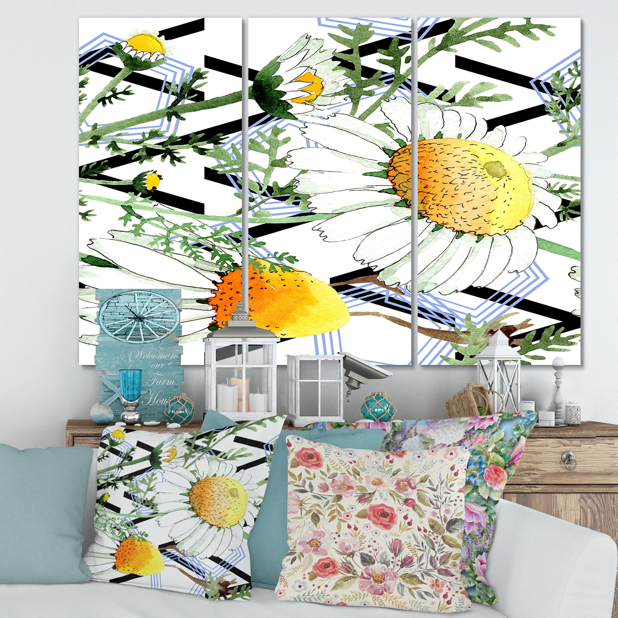 Wild Spring Chamomile Flowers On Geometric Lines 28 in x 36 in Painting Canvas Art Print, by Designart