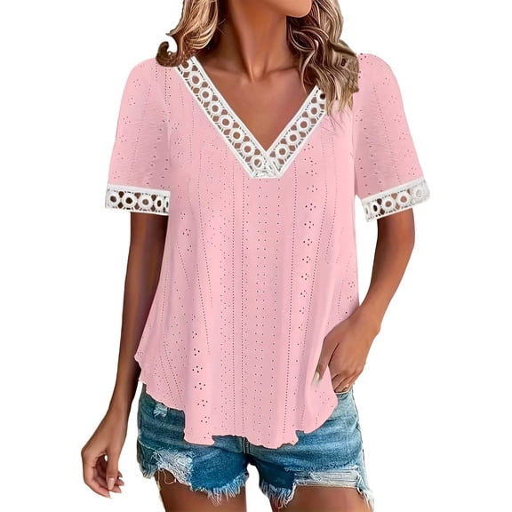 SAWOBUUN Women Lace V Neck Tops Short Sleeve Casual Color Block Loose Fit Tunic Vacation T Shirts
