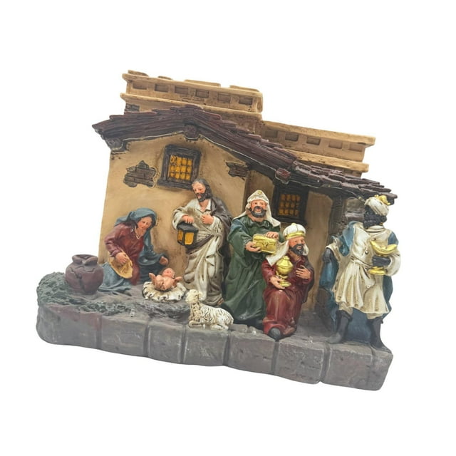 Belén navideño iluminado, estatua de resina de 29 x 14 x 24 cm, a mano, ligero, con música. Adorno de escritorio.