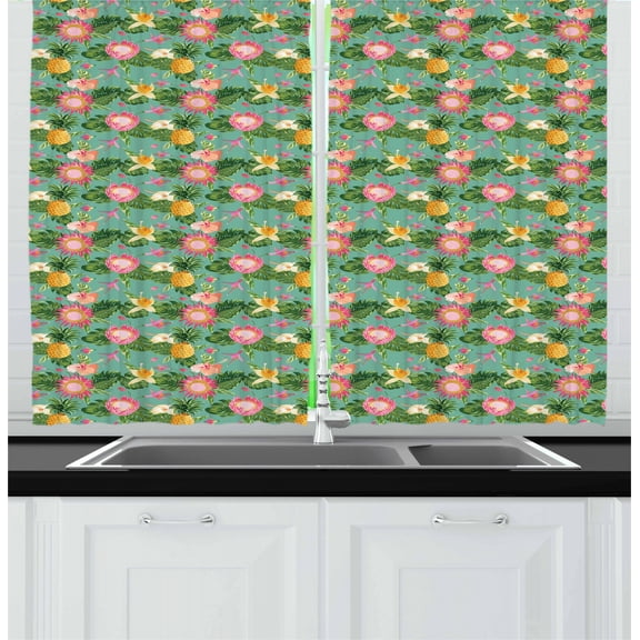 Floral Curtains 2 Panels Set, Tropical Vivid Color Naive Hibiscus Flowers and Exotic Split Leaf Philodendrons, Window Drapes for Living Room Bedroom, 55W X 39L Inches, Multicolor, by Ambesonne