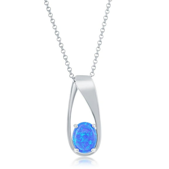 Beaux Bijoux Oval-Shaped Created Blue Opal 16 2” Pendant Necklace Sterling Silver Jewelry for Women or Teens