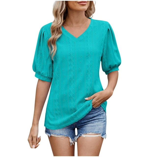 Tops de Color Sólido para las Mujeres Hueco Plisado Manga Corta con Cuello en V Suéter de Moda