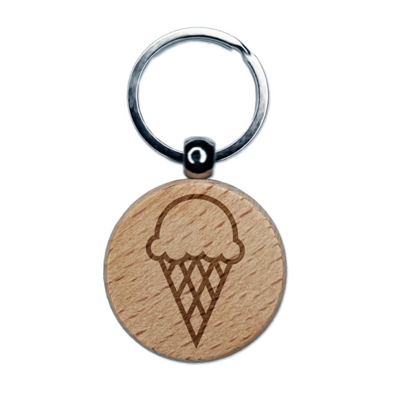 Ice Cream Cone Round Keychain Charm Tag - Engraved Wood