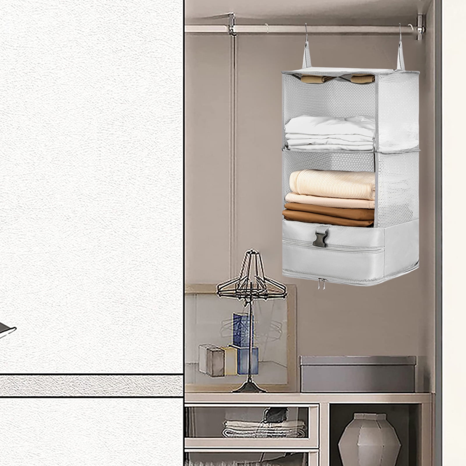 Hanging Packing Cubes | Portable Closet Shelves Travel Garment Organizer | 3 Compartments with Pockets | Gray or Khaki