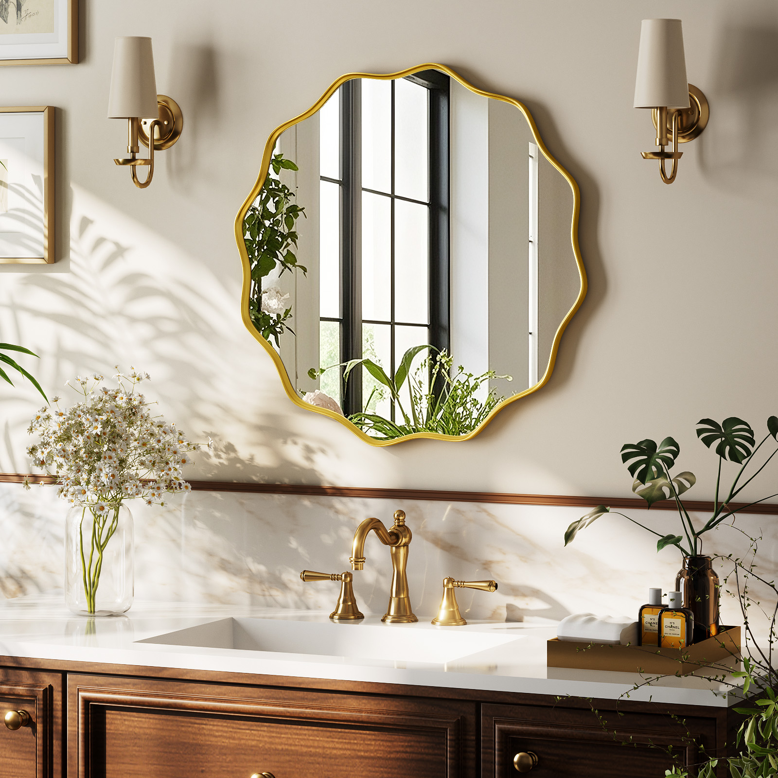 BEAUTYPEAK 24 in Wavy Round Bathroom Mirror, Gold photo 2