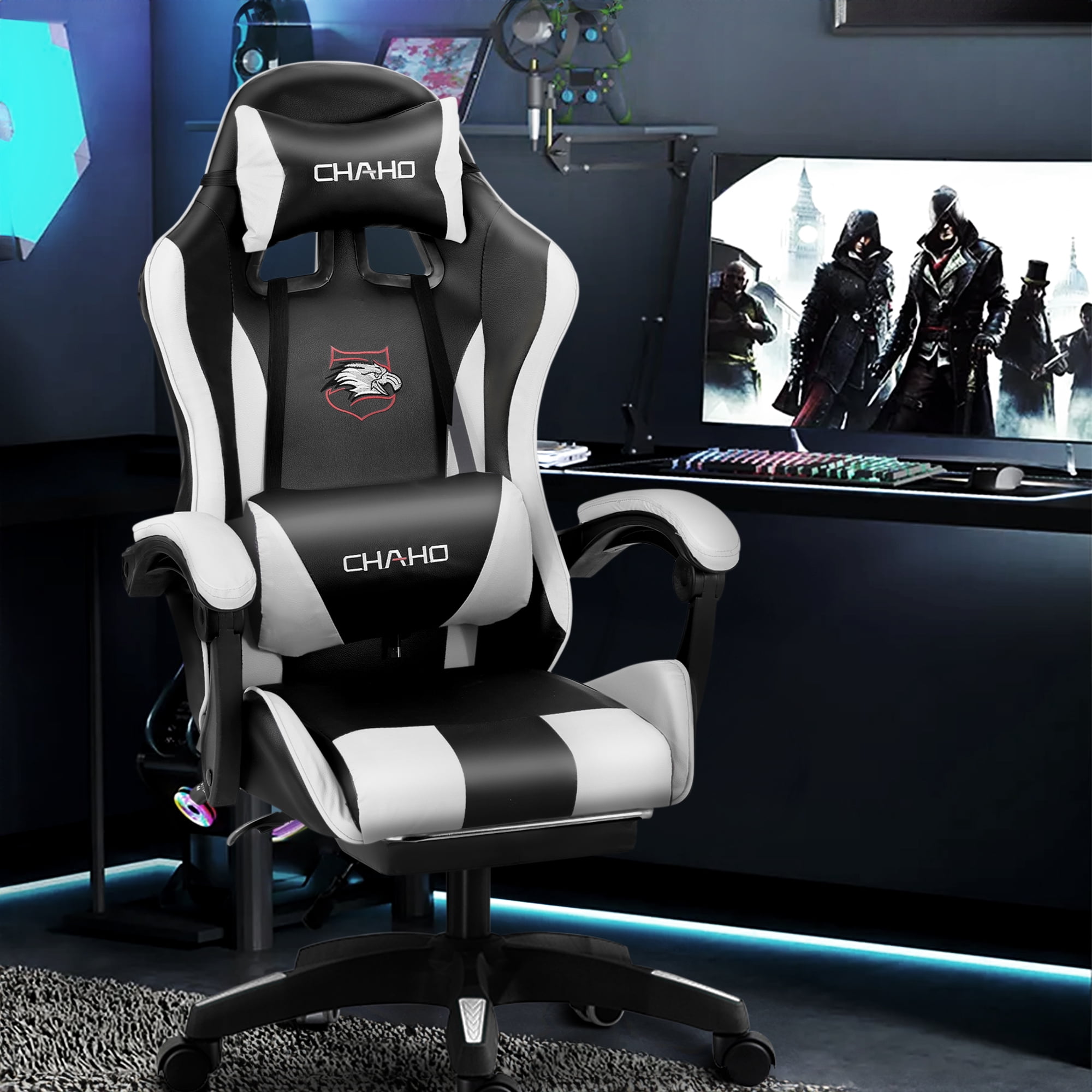 Gaming Chair,Brochao Ergonomic Office Gaming Chair Computer Racing Chair with Footrest Lumbar Support Headrest and Bluetooth Speakers for adults, White