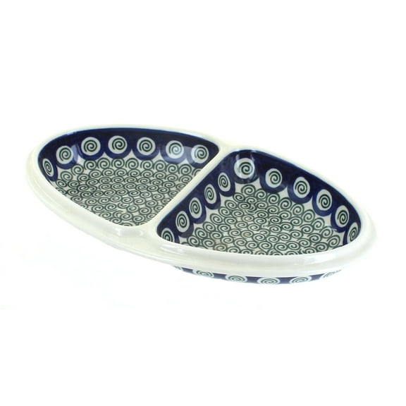 Blue Rose Polish Pottery Peacock Swirl Divided Dish