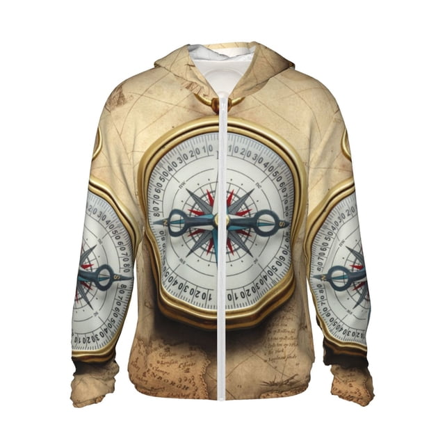 Balery Magnetic Old Compass On World Map Sudadera ligera de manga larga con capucha y protección solar UPF 50+ para hombre y mujer, ideal para pesca y running-Large