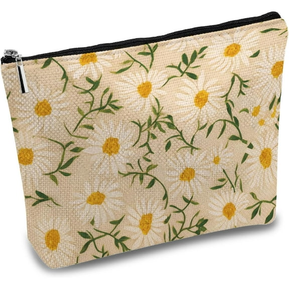 Daisy Makeup Bags for Purse Multi-Function Cosmetic Bag with Metal Zipper Vines Polycotton Toiletry Travel Washing Bag Make Up Organizer Tool Pouch Large Storage Gifts for Women 10 x 7Inch