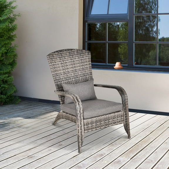 Outsunny Patio Wicker Adirondack Chair with Soft Cushions, Gray