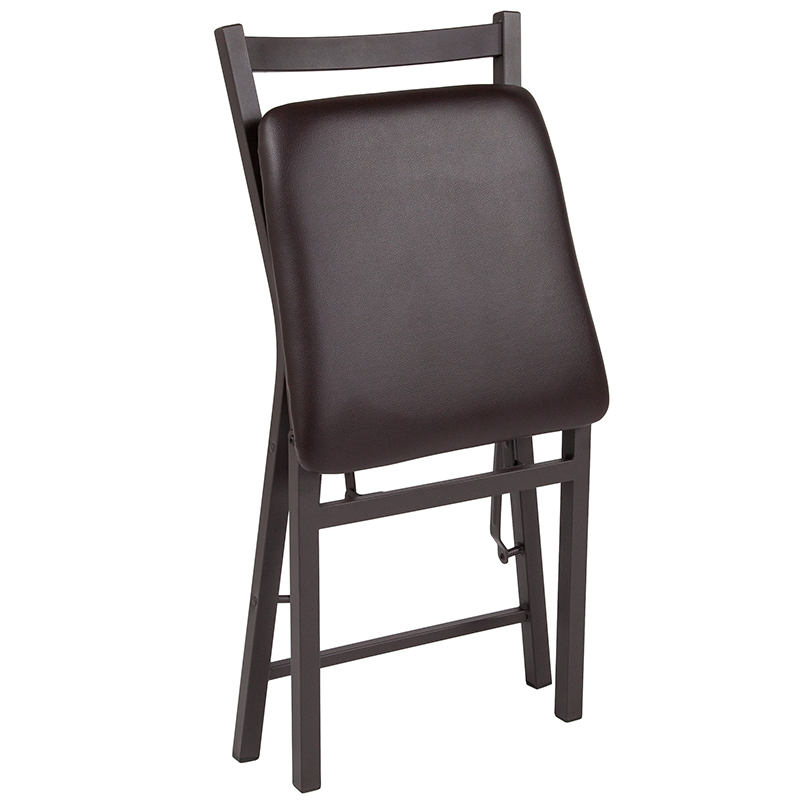 Oliver Brown Folding Ladder Back Metal Chair with Brown Vinyl Seat Emma