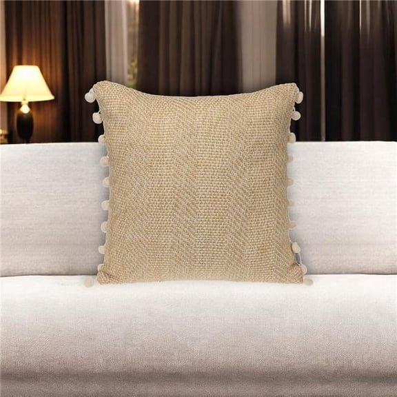 HomeRoots 529227 18 in. Beige & White Weave Cotton Throw Pillow with Pom Poms