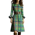 thumbnail image 2 of ClodeEU Women's Plaid Flare Long Sleeve Dress ,Ruched Smocked Tiered Ruffle A Line Casual Boho Dresses with Belt Green,Womens Plus M, 2 of 6